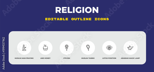 outline religion icons set - muslim man praying, and honey, gticism. editable vector for web and mobile ui