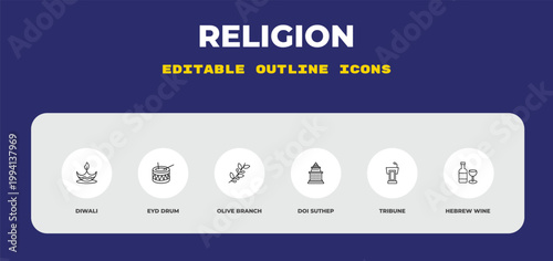 outline religion icons set - diwali, eyd drum, olive branch. editable vector for web and mobile ui
