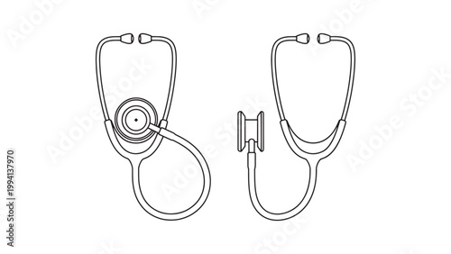 Detailed Black Line Art Stethoscope Illustrations for Medical Healthcare Professionals and Diagnostic Equipment Vector Graphic Design Elements on White Background