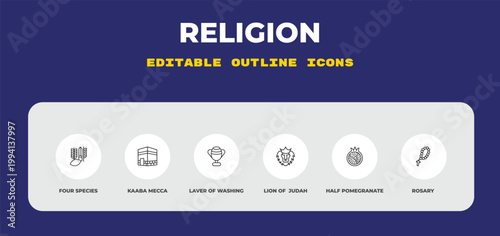 outline religion icons set - four species, kaaba mecca, laver of washing. editable vector for web and mobile ui