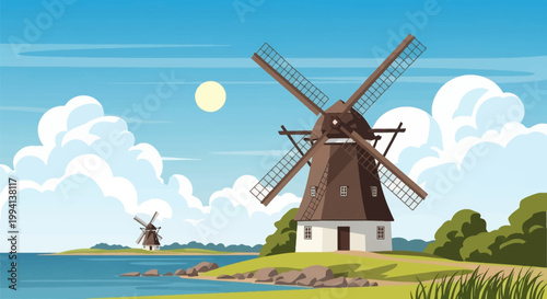 Vector illustration of a traditional Gotland windmill on the coast of Visby, Sweden, featuring a historic wooden sail structure, white base, and scenic blue sky with clouds.