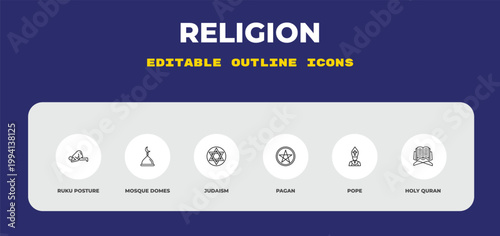outline religion icons set - ruku posture, mosque domes, judaism. editable vector for web and mobile ui