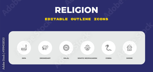 outline religion icons set - dipa, dromedary, halal. editable vector for web and mobile ui