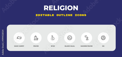 outline religion icons set - magic carpet, prayer, sitar. editable vector for web and mobile ui