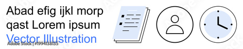 Information management, user profiles, scheduling, productivity, workflow, business tools. a document, person icon and clock. Information management and scheduling concept