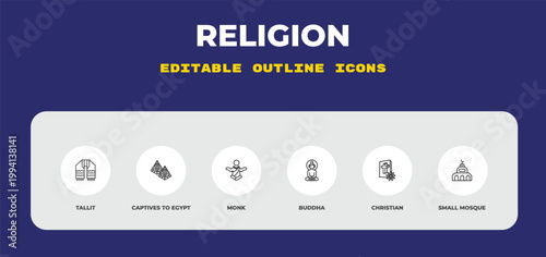 outline religion icons set - tallit, captives to egypt, monk. editable vector for web and mobile ui