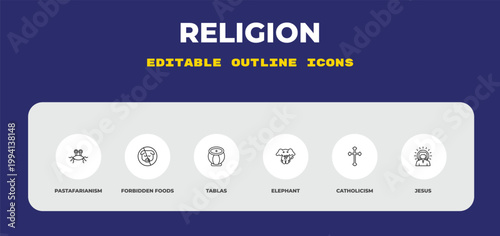 outline religion icons set - pastafarianism, forbidden foods, tablas. editable vector for web and mobile ui
