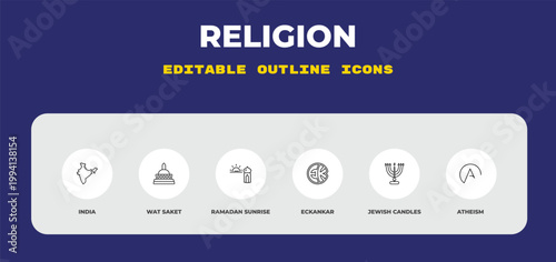 outline religion icons set - india, wat saket, ramadan sunrise. editable vector for web and mobile ui