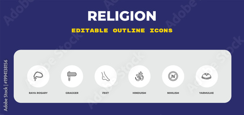 outline religion icons set - raya rosary, gragger, feet. editable vector for web and mobile ui