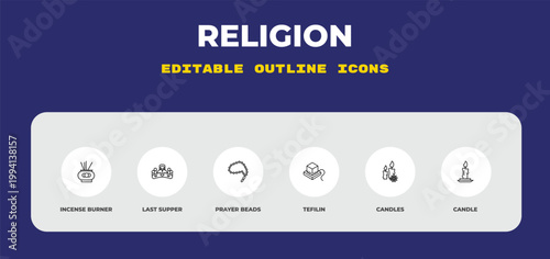 outline religion icons set - incense burner, last supper, prayer beads. editable vector for web and mobile ui