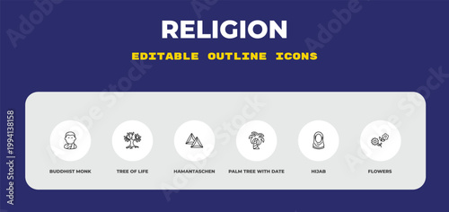 outline religion icons set - buddhist monk, tree of life, hamantaschen. editable vector for web and mobile ui