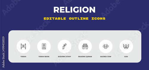 outline religion icons set - torah, torah book, budding staff. editable vector for web and mobile ui