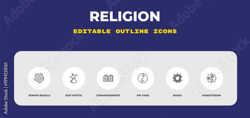 outline religion icons set - jewish bagels, sufi mystic, commandments. editable vector for web and mobile ui