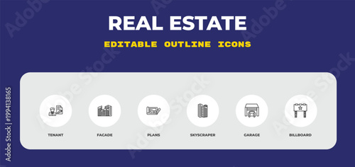 outline real estate icons set - tenant, facade, plans. editable vector for web and mobile ui