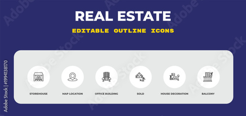 outline real estate icons set - storehouse, map location, office building. editable vector for web and mobile ui