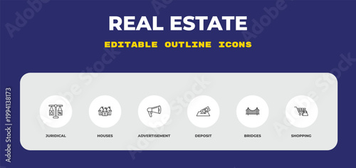 outline real estate icons set - juridical, houses, advertisement. editable vector for web and mobile ui