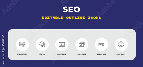 outline seo icons set - clean code, testing, 404 error. editable vector for web and mobile ui