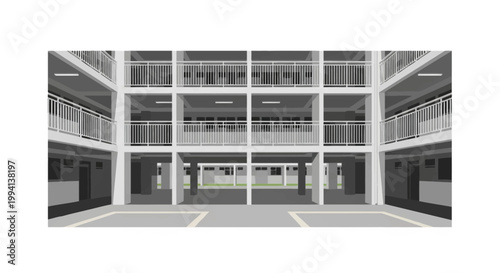 Vector illustration of a Singapore HDB public housing block void deck area with structural columns, white metal railings on corridors and multi-story residential architecture.