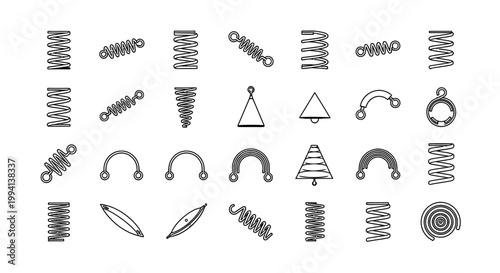 collection of various spring coil designs and shapes in simple outline style