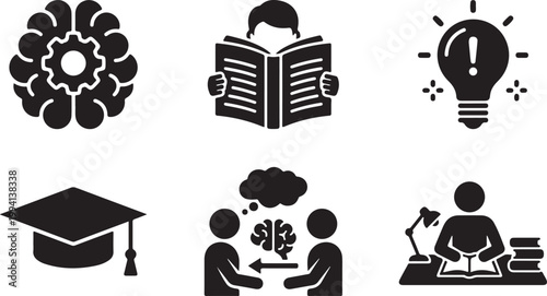 Set of six educational icons including brain gear graduation cap reading and idea lightbulb Isolated on white background