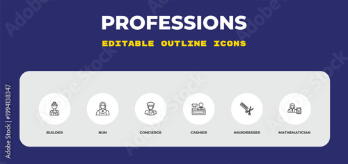 outline professions icons set - builder, nun, concierge. editable vector for web and mobile ui