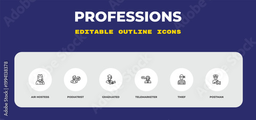 outline professions icons set - air hostess, podiatrist, graduated. editable vector for web and mobile ui