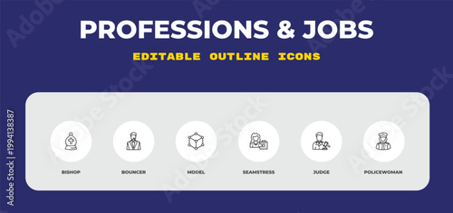 outline professions & jobs icons set - bishop, bouncer, model. editable vector for web and mobile ui