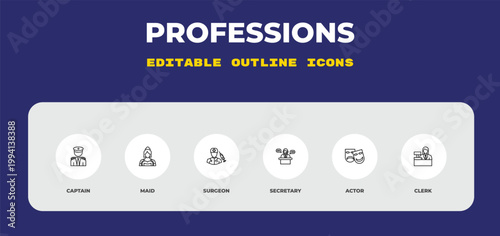 outline professions icons set - captain, maid, surgeon. editable vector for web and mobile ui