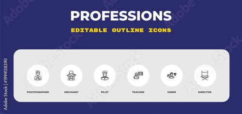 outline professions icons set - photographer, mechanic, pilot. editable vector for web and mobile ui