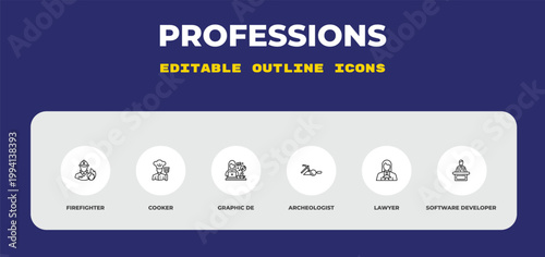 outline professions icons set - firefighter, cooker, graphic de. editable vector for web and mobile ui