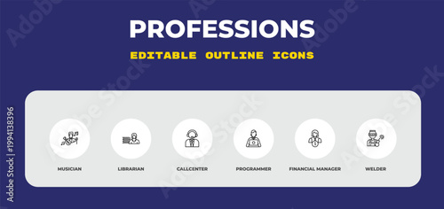 outline professions icons set - musician, librarian, callcenter. editable vector for web and mobile ui