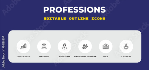 outline professions icons set - civil engineer, taxi driver, businessman. editable vector for web and mobile ui