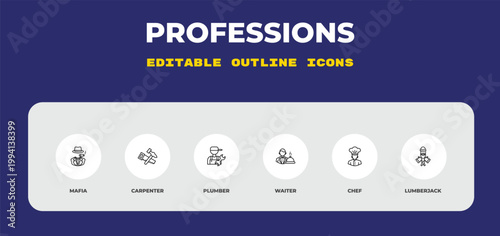 outline professions icons set - mafia, carpenter, plumber. editable vector for web and mobile ui