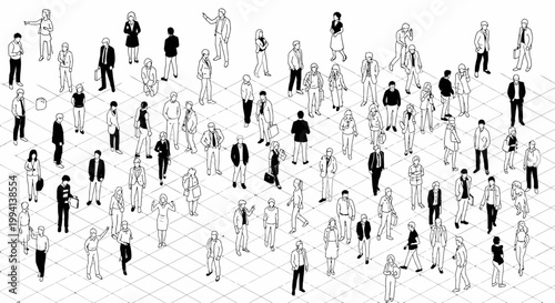 isometric crowd of people busy city street diverse individuals walking and standing