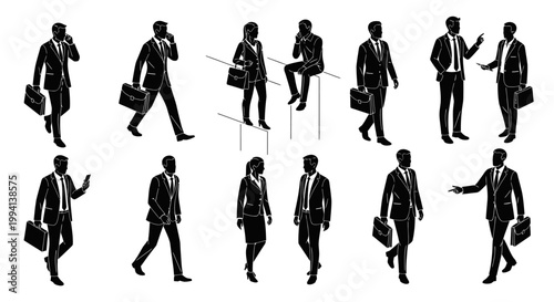 silhouette business people in suits with briefcases walking and talking on phone