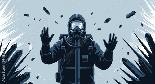 hazmat suit person wearing a gas mask and protective gear explores a hazardous crystalline environment symbolizing scientific risk.