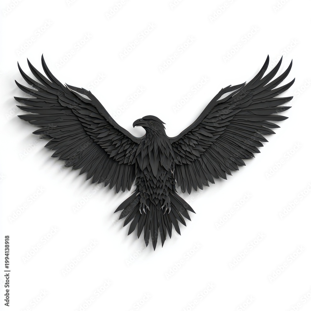Fototapeta premium Detailed Black Eagle Sculpture with Wide Open Wings on White Background Realistic 3D Rendering