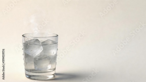 Cold Glass of Water with Ice Cubes and Steam Vapor on Light Background