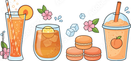 Peach Juice and Dessert Vector Set Featuring Fresh Drinks, Smoothie, Macarons, Ice Cubes, Lemon Slice, and Blossoms in Bright Summer Style