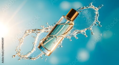 A luxurious perfume bottle featuring dynamic water droplets against a blue background, a fresh aquatic fragrance, an advertisement for premium cosmetics. AI generated.
