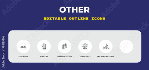outline other icons set - seventeen, bump car, grooming glove. editable vector for web and mobile ui