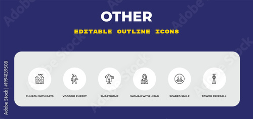 outline other icons set - church with bats, voodoo puppet, smarthome. editable vector for web and mobile ui