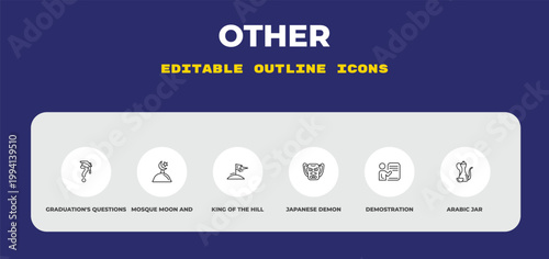 outline other icons set - graduation's questions, mosque moon and star, king of the hill. editable vector for web and mobile ui