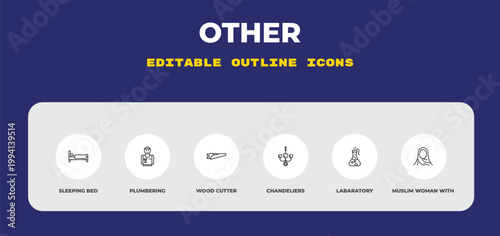 outline other icons set - sleeping bed, plumbering, wood cutter. editable vector for web and mobile ui