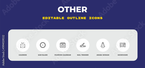 outline other icons set - caudron, saw blade, pumpkin calendar. editable vector for web and mobile ui