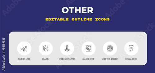 outline other icons set - broken vase, blazon, wooden stamper. editable vector for web and mobile ui