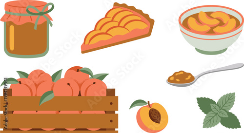 Peach Dessert and Jam Vector Set Featuring Fruit Crate, Pie Slice, Preserve Jar, Bowl, Spoon, and Fresh Ingredients in Flat Style Illustration