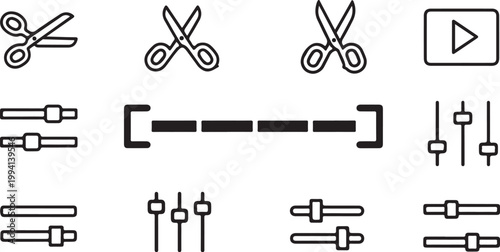 Scissors, craft tools, editing icons, 13 black line symbols, vector graphics