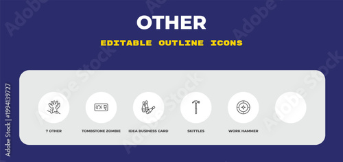 outline other icons set - 7 other, tombstone zombie hand, idea business card. editable vector for web and mobile ui