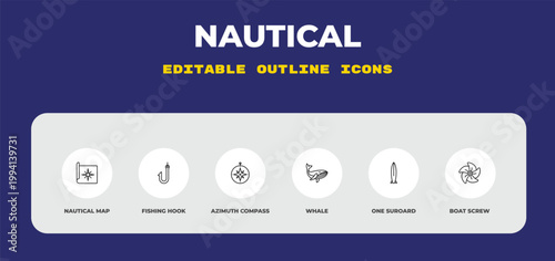 outline nautical icons set - nautical map, fishing hook, azimuth compass. editable vector for web and mobile ui